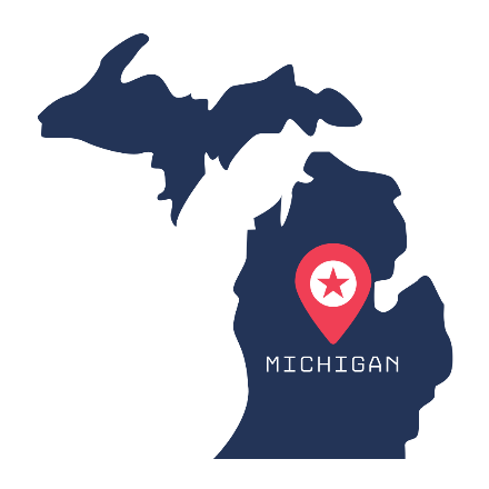 A map of the state of Michigan with a pin on it