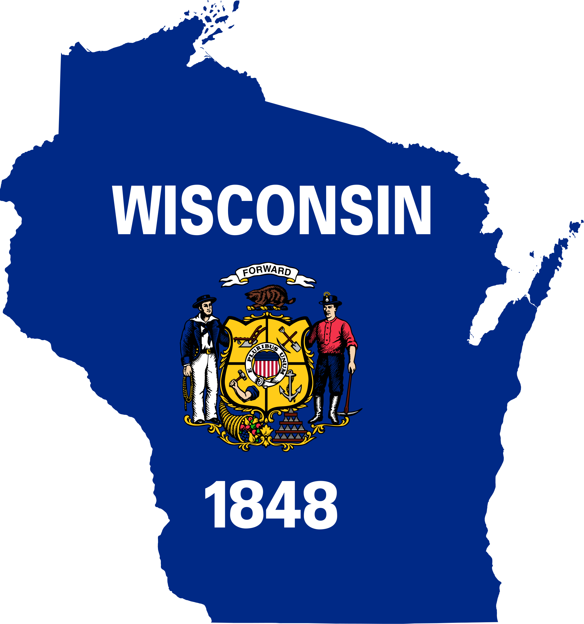 Outline of Wisconsin state with state flag within the outline