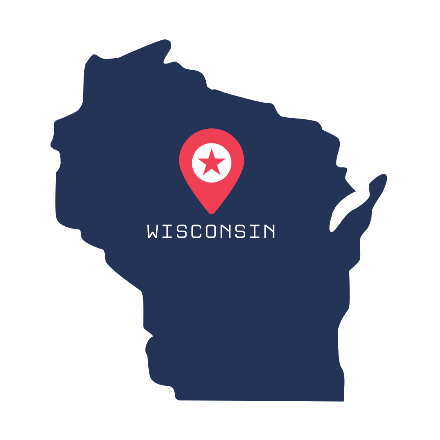 A map of the state of Wisconsin with a pin on it