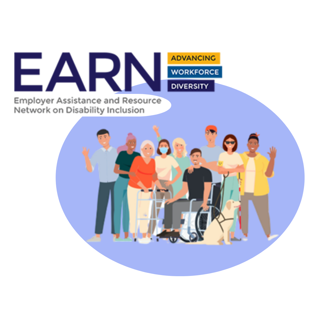 Employer Assistance and Resource Network (EARN) logo and an animated group of people of different colors with a variety of disabilities