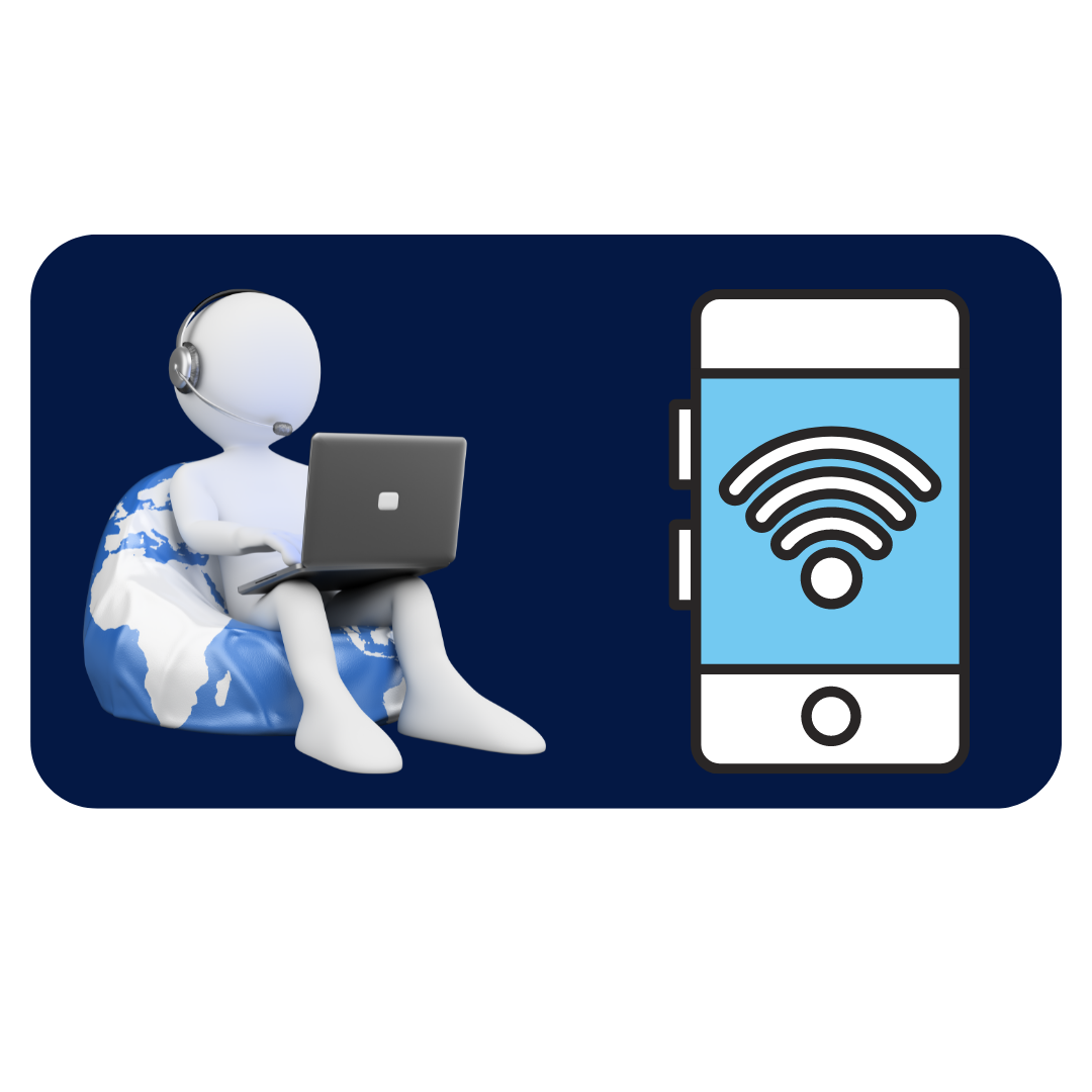 animated person on a laptop with a headset, cellphone with wi-fi signal on screen