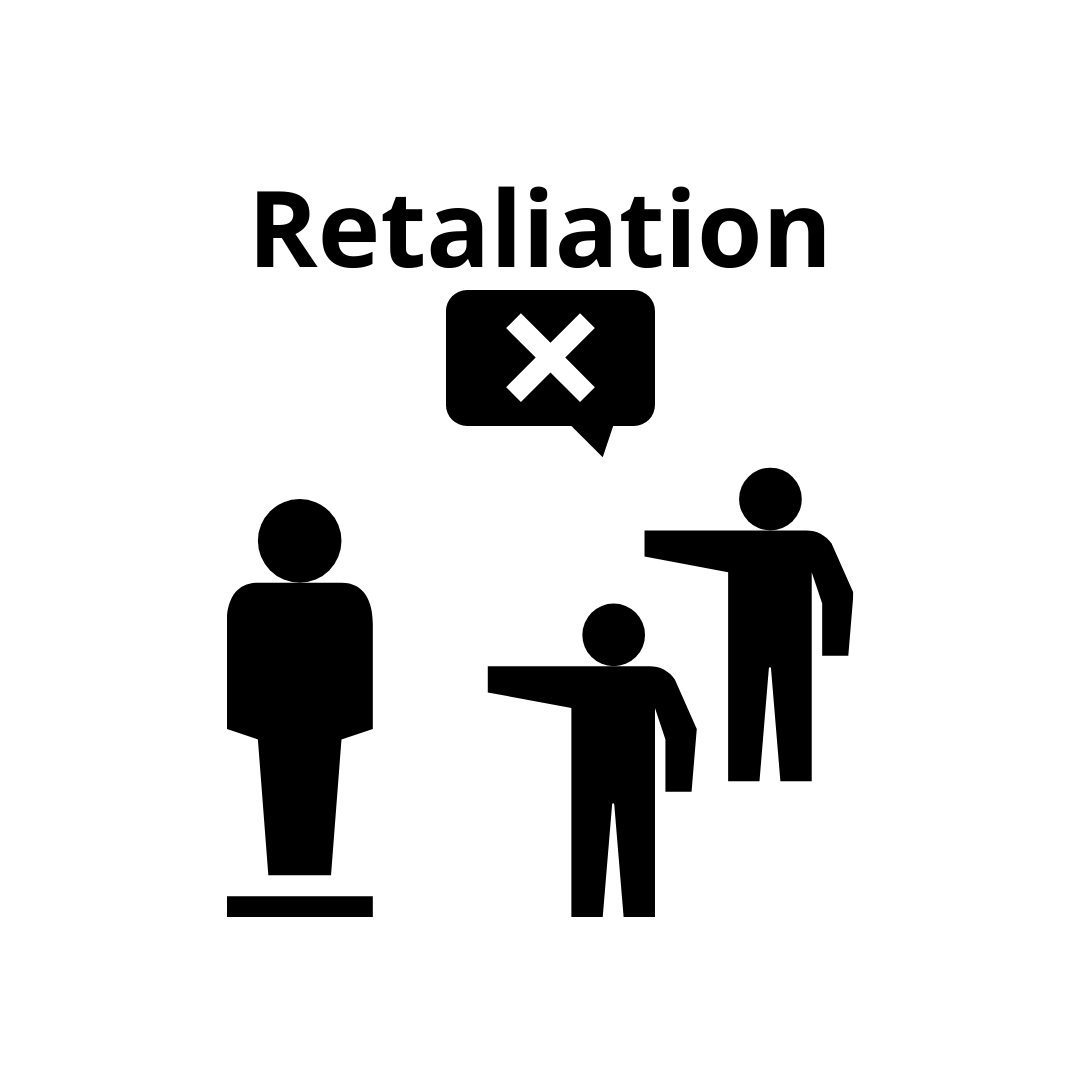 retaliation.  Two people pointing to the same person with a speech above them that has an x inside of it