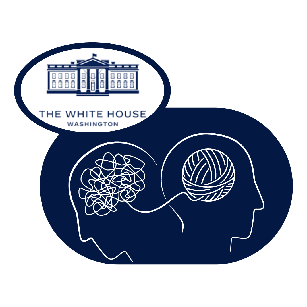 White House logo and two animated heads facing away from each other: one head has a neatly wound ball of yarn and the other head has unwound yarn