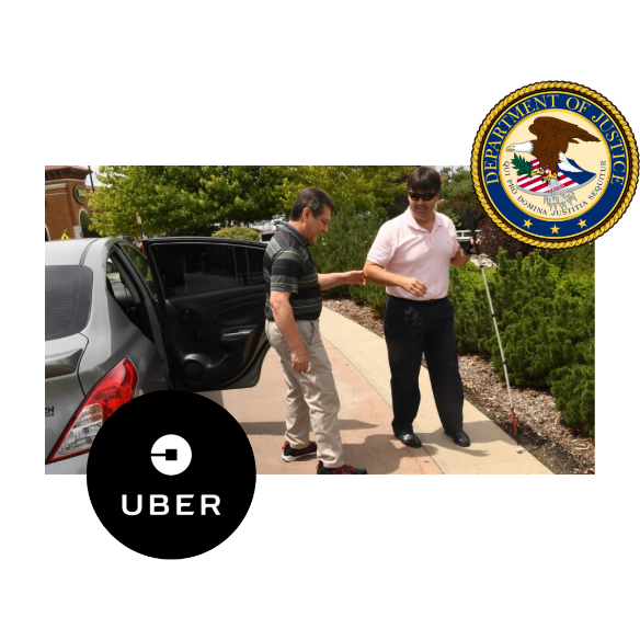 Person who is blind getting out of sedan car. Uber logo. U.S. Department of Justice logo.