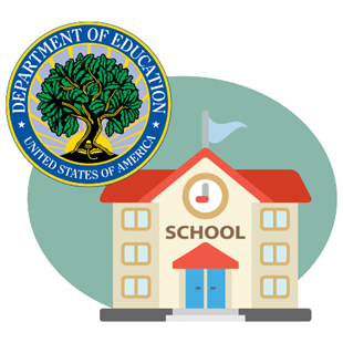 Cartoon school house. U.S. Department of Education seal. 