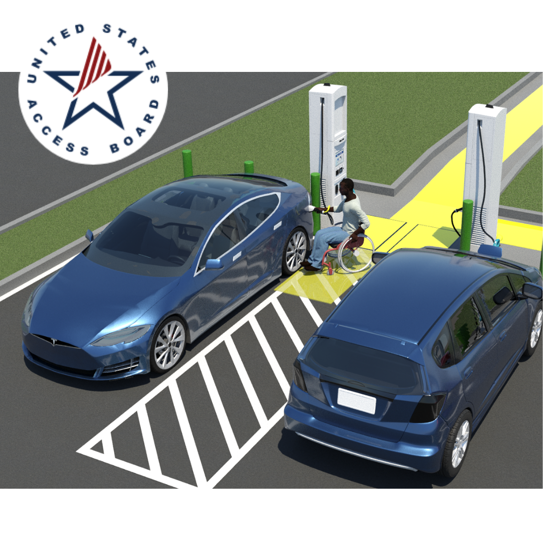 Accessible Electric vehicle charging station. U.S. Access Board logo. 