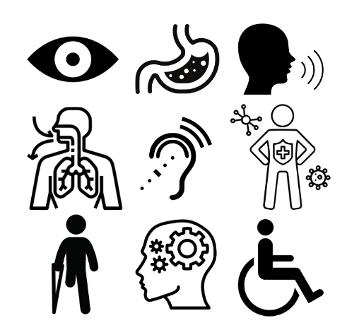 Group of icons displaying various health conditions. 