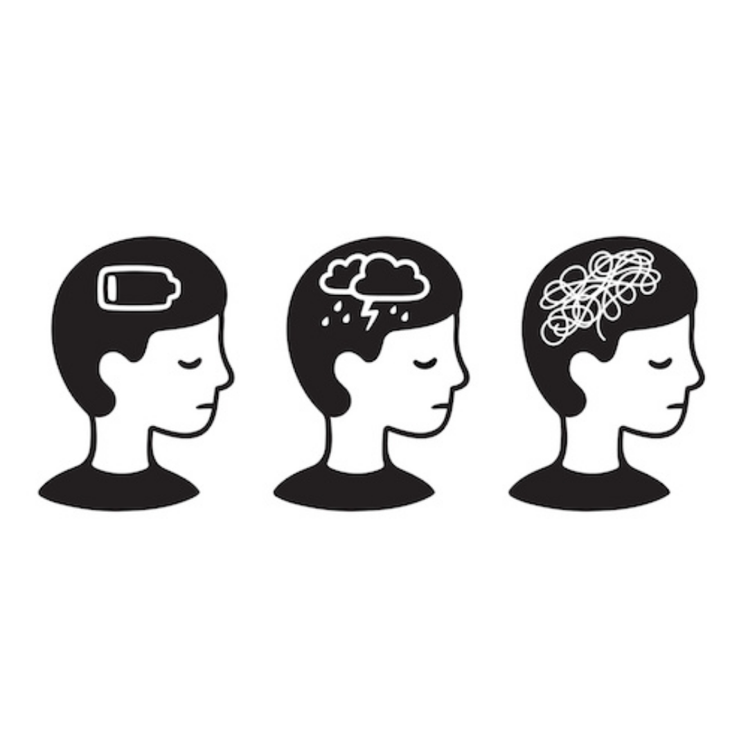Three people from the shoulders up in a row and each one has a different icon located in their head/mind: low battery, thunderstorm, and messy string.