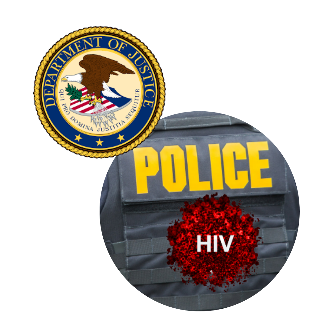 Department of Justice logo. Police vest with an illustration of a red virus on the front labeled HIV