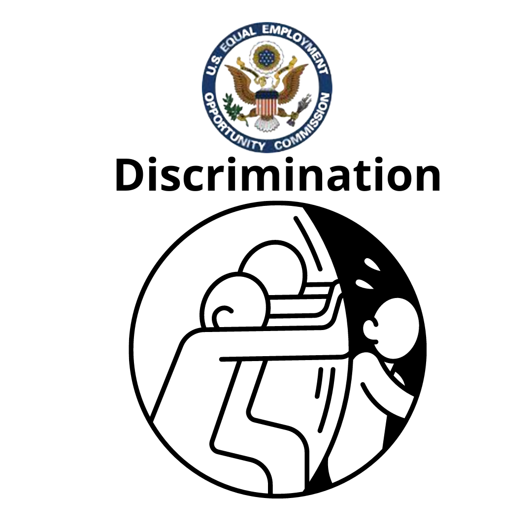 Department of Justice logo. Discrimination.  Illustration of two people pushing another person out