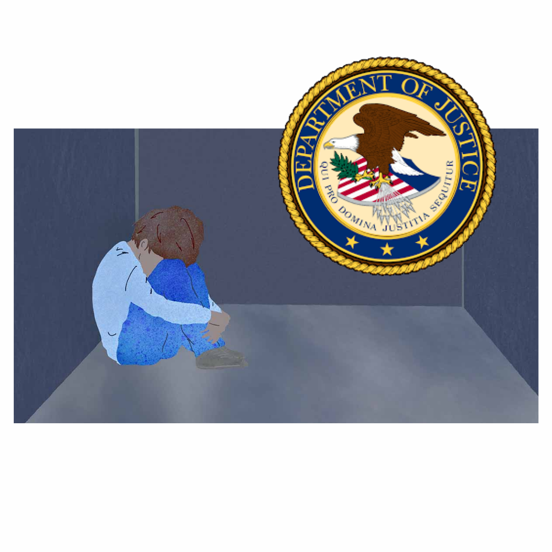 child curled up in a corner of a room. Department of Justice logo. 