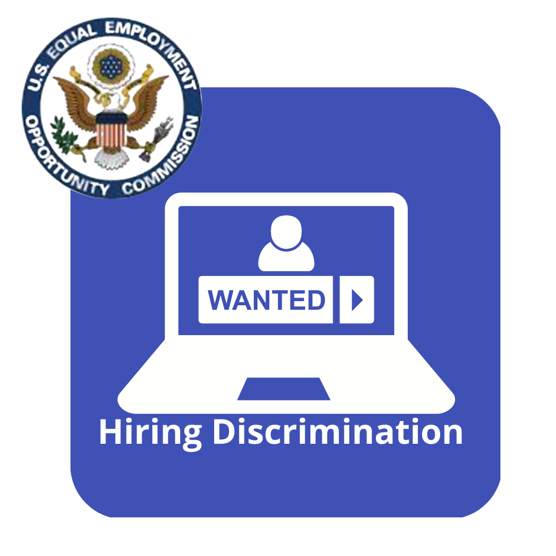 Department of Justice logo. An opened laptop with a person and a wanted sign on the computer screen. Hiring discrimination listed under the laptop