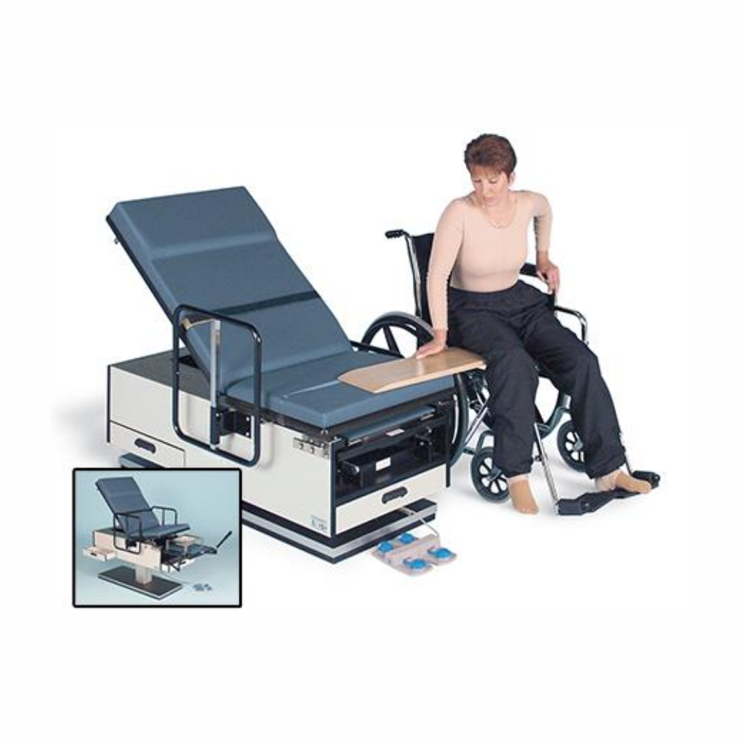 wheelchair user transferring to a medical exam table 