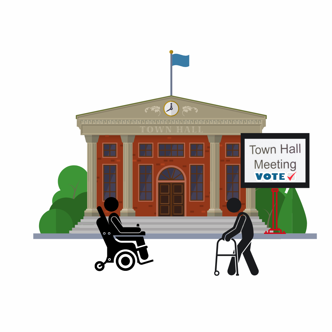 illustration of a physical barrier (stairs) to a Town Hall building with a sign on the outside stating 'Town Hall Meeting vote' that people with mobility aids cannot access who are at the bottom of the stairs