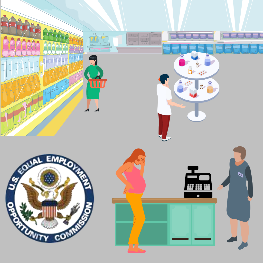 Interior of a drug/convenience store with shoppers.  a distraught pregnant employee is standing behind a service counter looking at their manager.  Equal Employment Opportunity Commission logo.