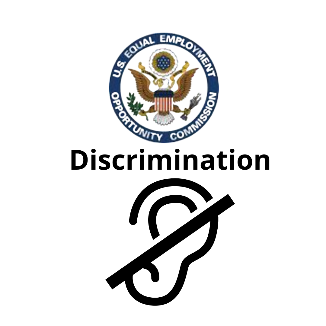 Department of Justice logo. Discrimination.  Ear loop with a line through it.