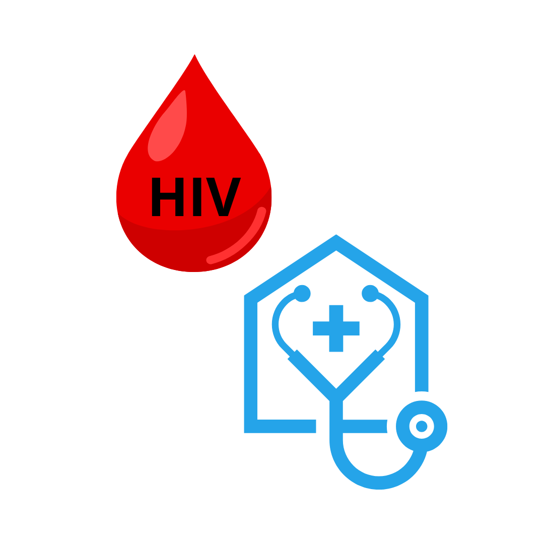 Blood drop with HIV written in the middle. Outline of home with a cross and stethoscope in the middle