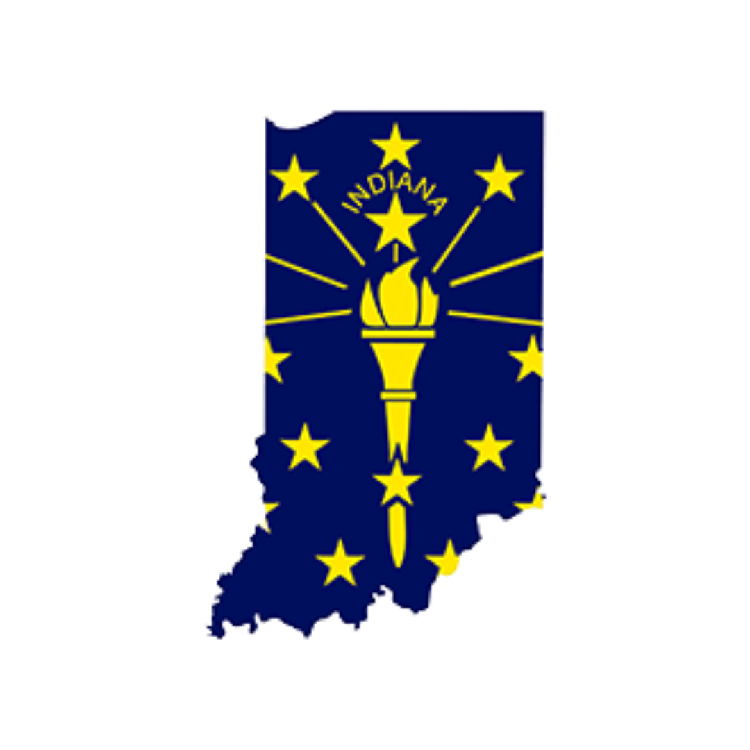 Outline of Indiana state with Indiana flag inside.