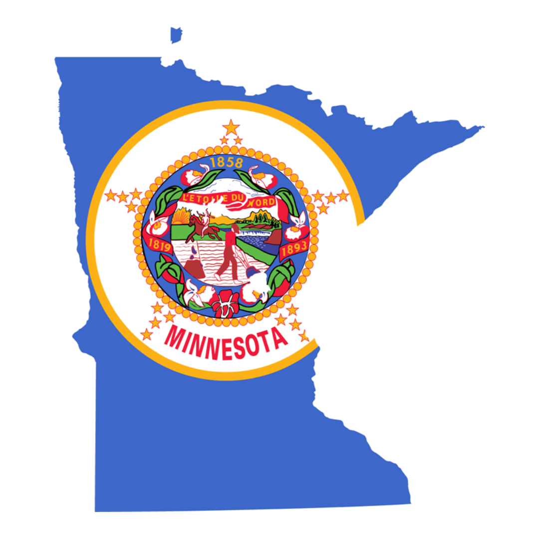 Outline of Minnesota state with Minnesota flag inside.