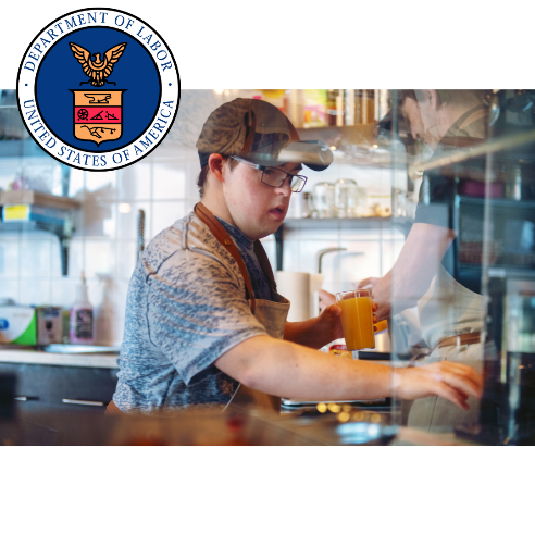 Employee with a disability working behind the counter of a restaurant. Department of Labor seal.