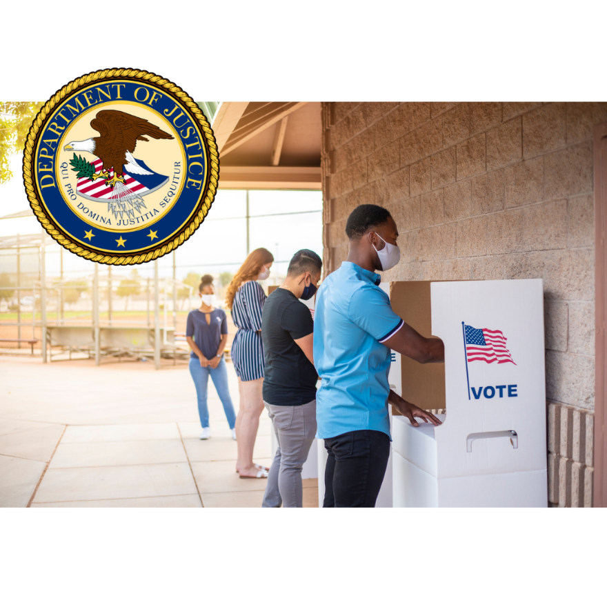 People voting at voting booth. Department of Justice logo.
