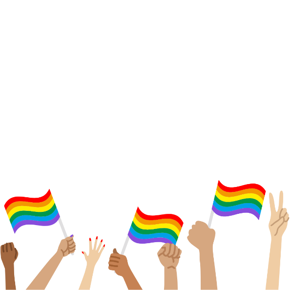 A group of hands holding rainbow flags.