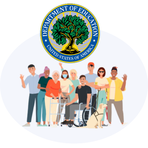 A group of people with apparent and non apparent disabilities posing for a photo. Department of Education logo.