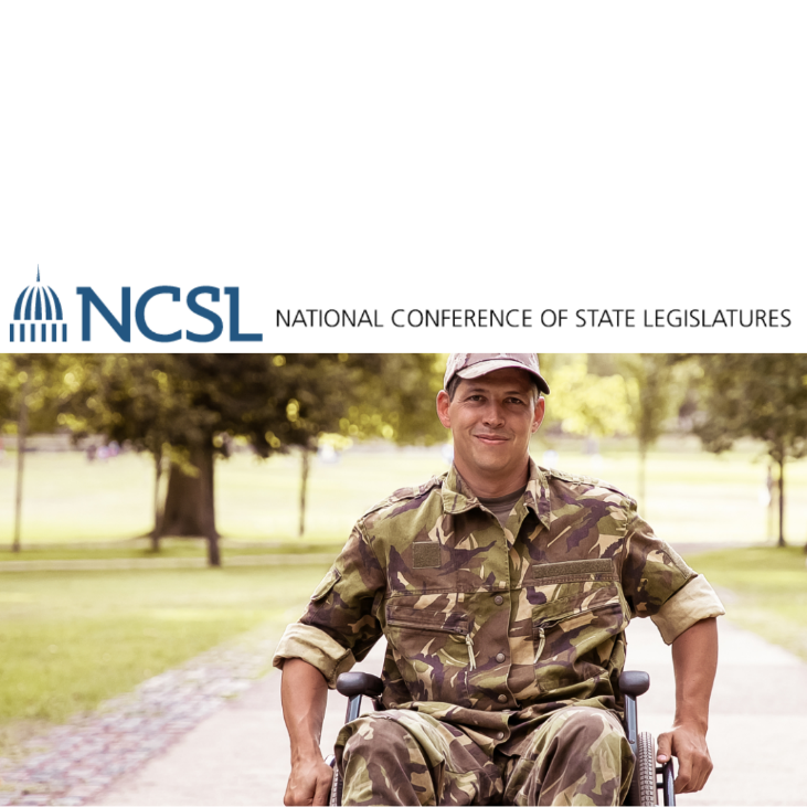 Man in wheelchair wearing a military suit. National Conference of State Legislatures logo.
