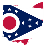 Outline of Ohio state with Ohio flag inside.