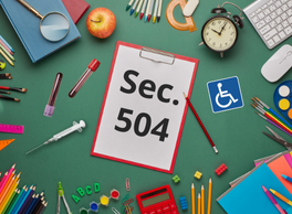 Section 504. Image of school supplies as well as medical supplies like blood phials and a syringe.
        