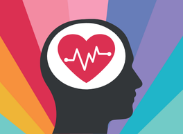 Silhouette of a person's head showing a heart inside to represent mental health. The background is a brightly colored rainbow