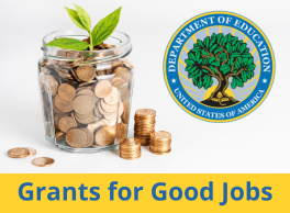 A mason jar filled with coins and a plant growing out of it symbolizing investment in good job growth for people with disabilities. Official Seal for U.S. Department of Education.