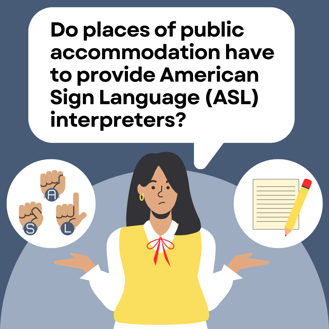 A graphic asking, 'Do places of public accommodation have to provide American Sign Language (ASL) interpreters?' featuring a cartoon woman and symbols of sign language letters 'A' 'S' and 'L.'