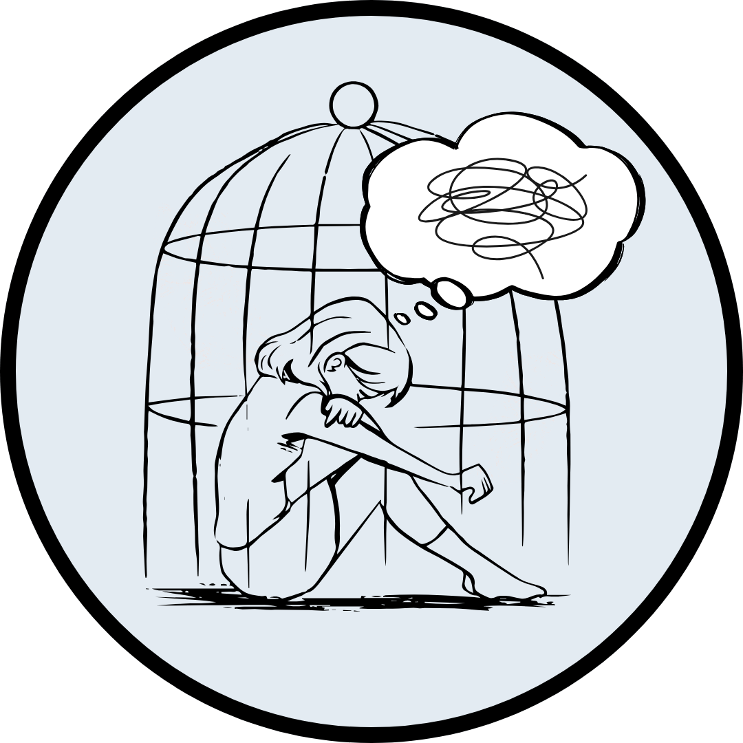 Graphic of a child with negative thoughts sitting in a cage