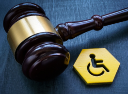 A gavel and metal plaque with the international symbol of disability