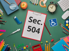 Section 504 written on a clipboard surrounded by school supplies, toys, an inhaler and a medical syringe