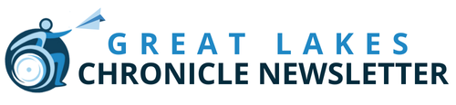 Great Lakes Chronicle Newsletter logo. Graphic of a person in a wheelchair reaches up to catch a paper airplane 