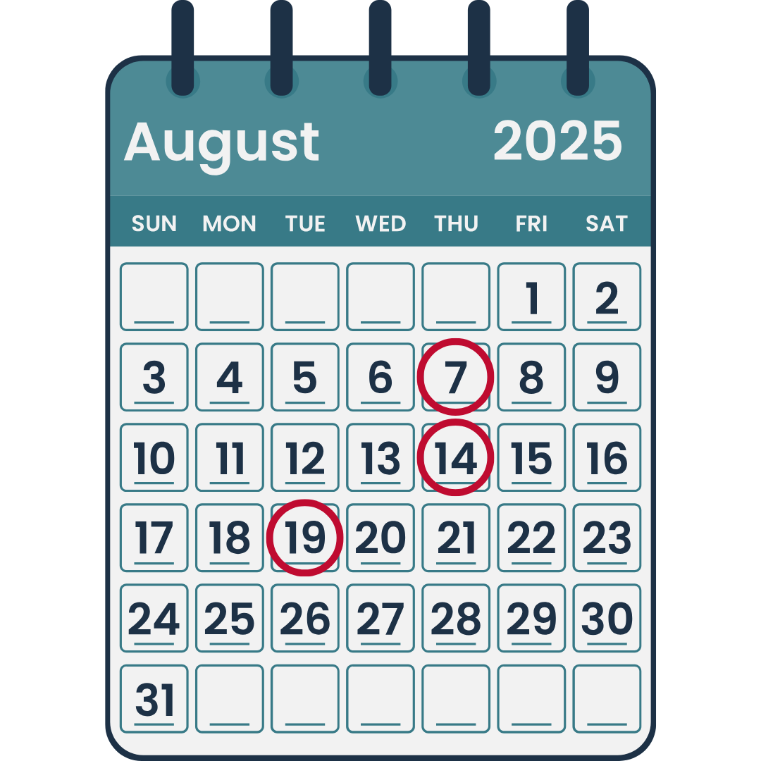 August 2025 Calendar with the webinar dates circled in red