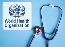 Logo: World Health Organization. Blue background with a stethoscope.