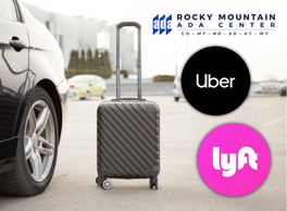 A suitcase next to a parked car in a parking lot. Logo: Rocky Mountain ADA Center. Logo: Uber. Logo: Lyft.