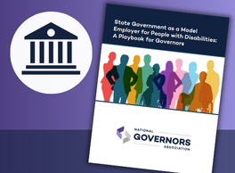Screenshot of the Playbook for Governors on State Government as a Model Employer of People with Disabilities next to a graphic of a government building.