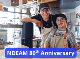 Coffee shop co-workers smiling - NDEAM 80th Anniversary