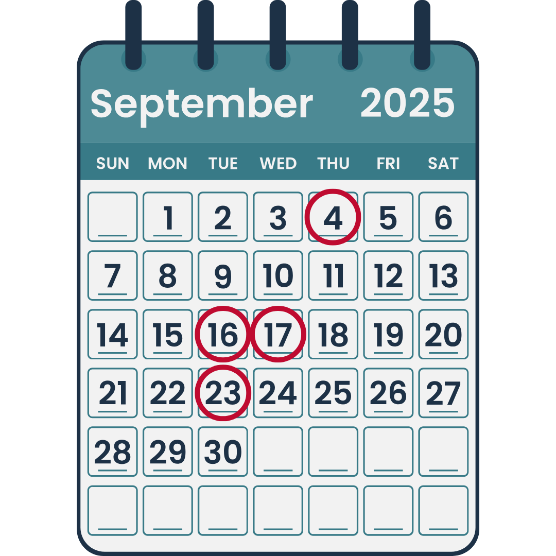 September 2025 Calendar with the webinar dates circled in red