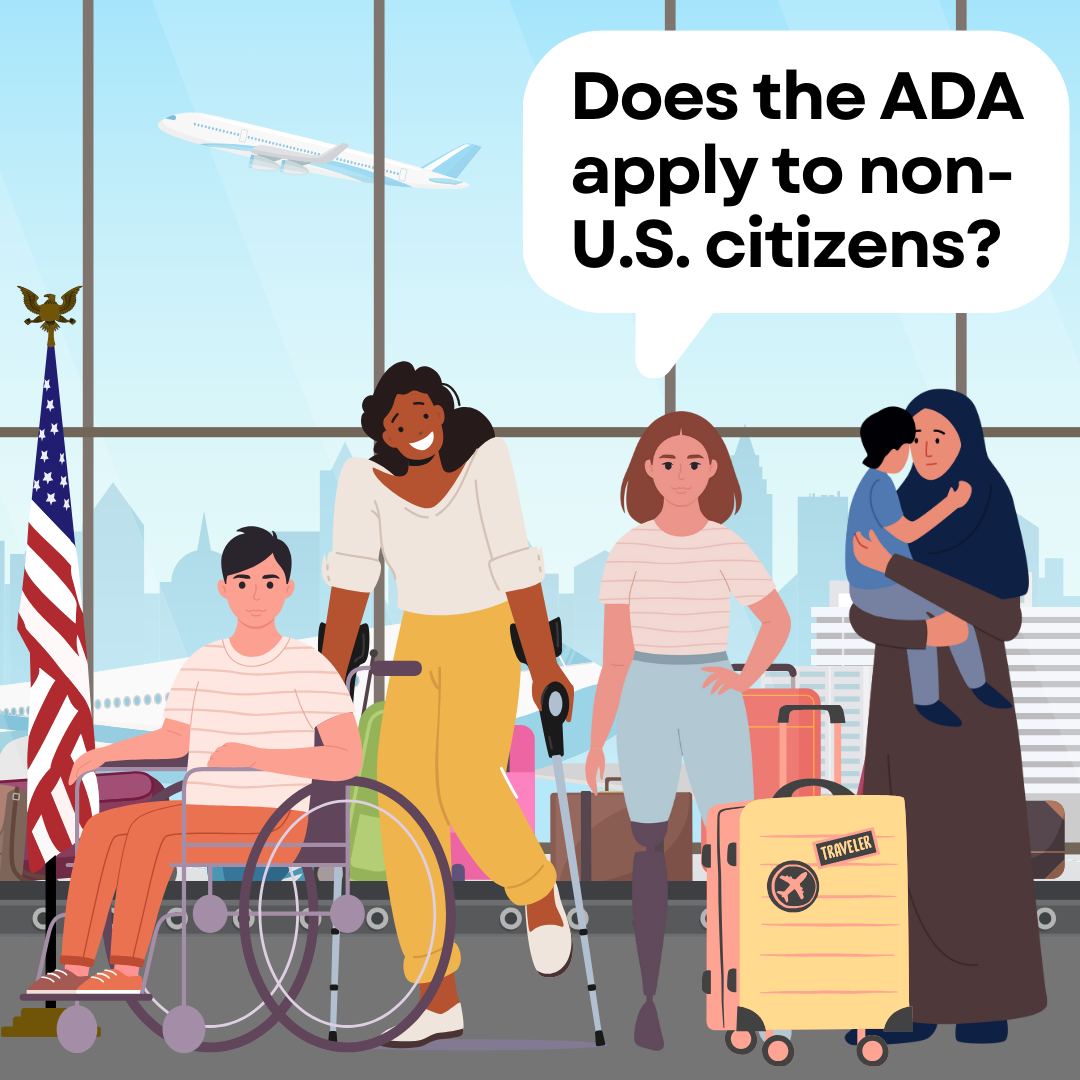 A diverse group of travelers and immigrants with disabilities in a US airport.