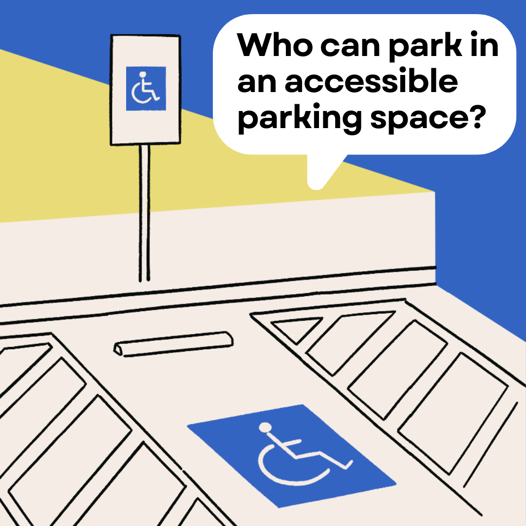 Text: Who can park in an accessible parking space? Image of an accessible space with striped access aisles on either side and a sign posted