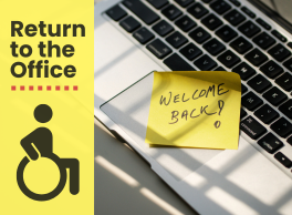 Text: Return to Office. Image of a keyboard and post-it that reads, Welcome Back!