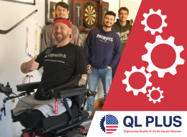 QL Plus logo and gears next to a picture of a veteran in his custom mobility chair