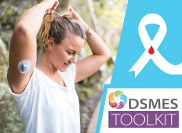 Woman with a diabetes patch reader on her arm. Text: DSMS Toolkit. Graphic of an awareness ribbon and a drop of blood.