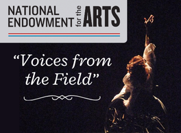 Logo: National Endowment for the Arts. Text: Voices from the Field. Image of a woman in a wheelchair on a dark stage with her arm stretched up towards the spotlight