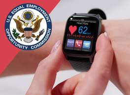 A person wearing a wristwatch with a heard monitor displayed next to the EEOC official seal